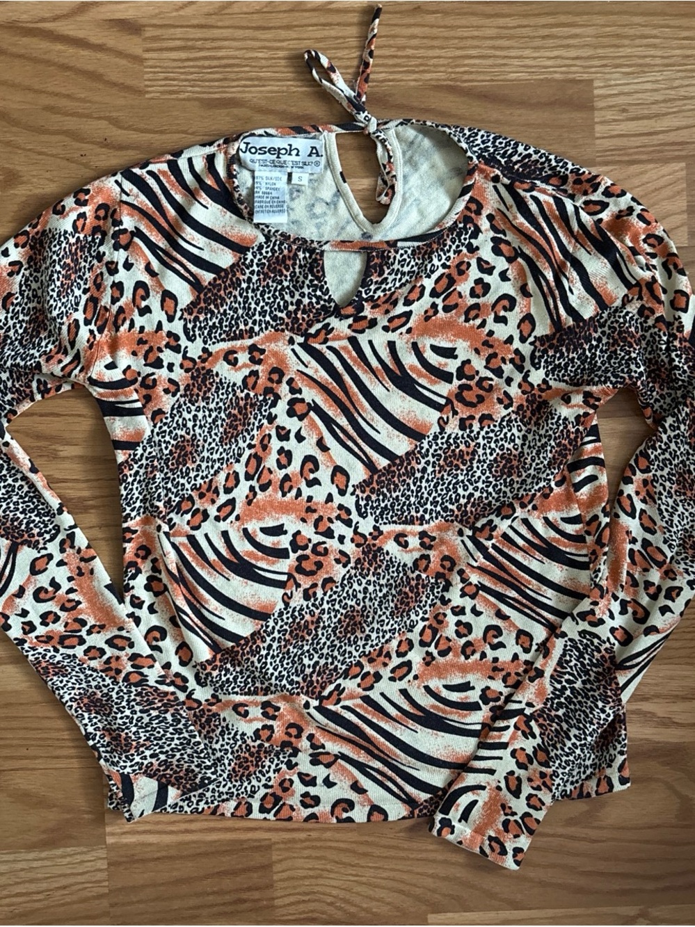 Joseph A. Women's Animal Print Silk Blend Long Sleeve Top - Orange/Black/Cream